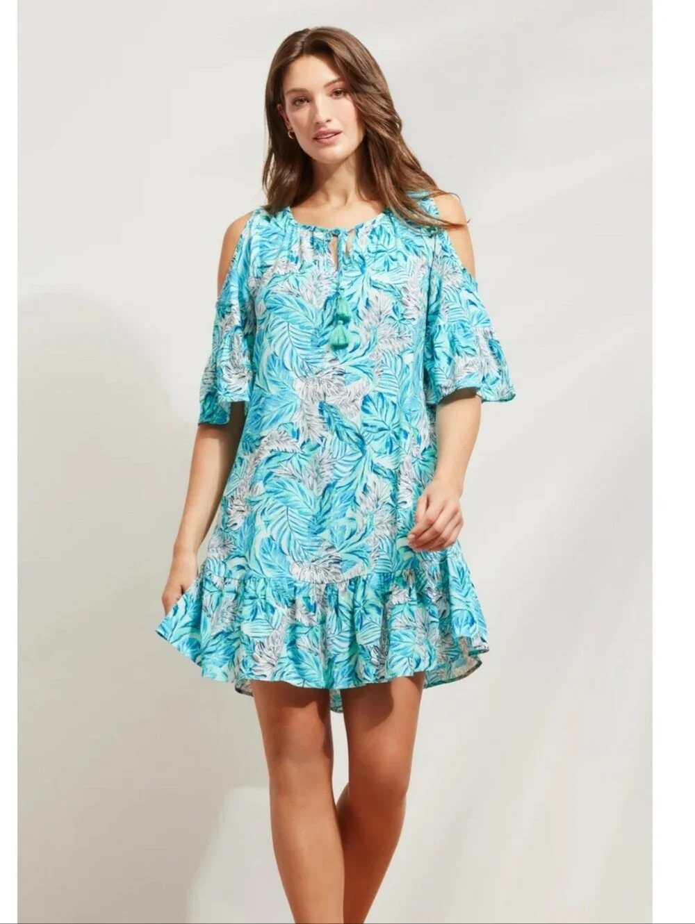🔥Caribbean Joe Tropical Blue Leaf Cold-Shoulder Sundress Size Medium 100% Rayon - Picture 1 of 8